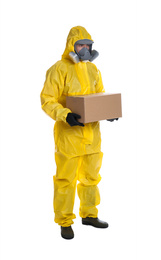 Photo of Man wearing chemical protective suit with cardboard box on white background. Prevention of virus spread