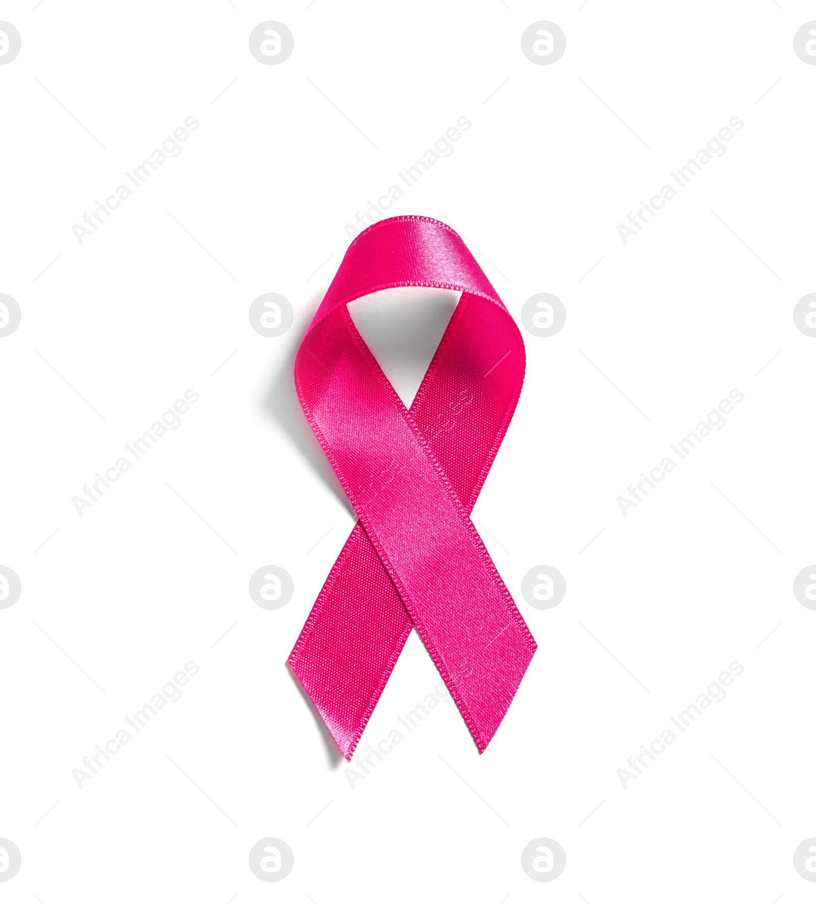 Photo of Pink ribbon on white background, top view. Cancer awareness