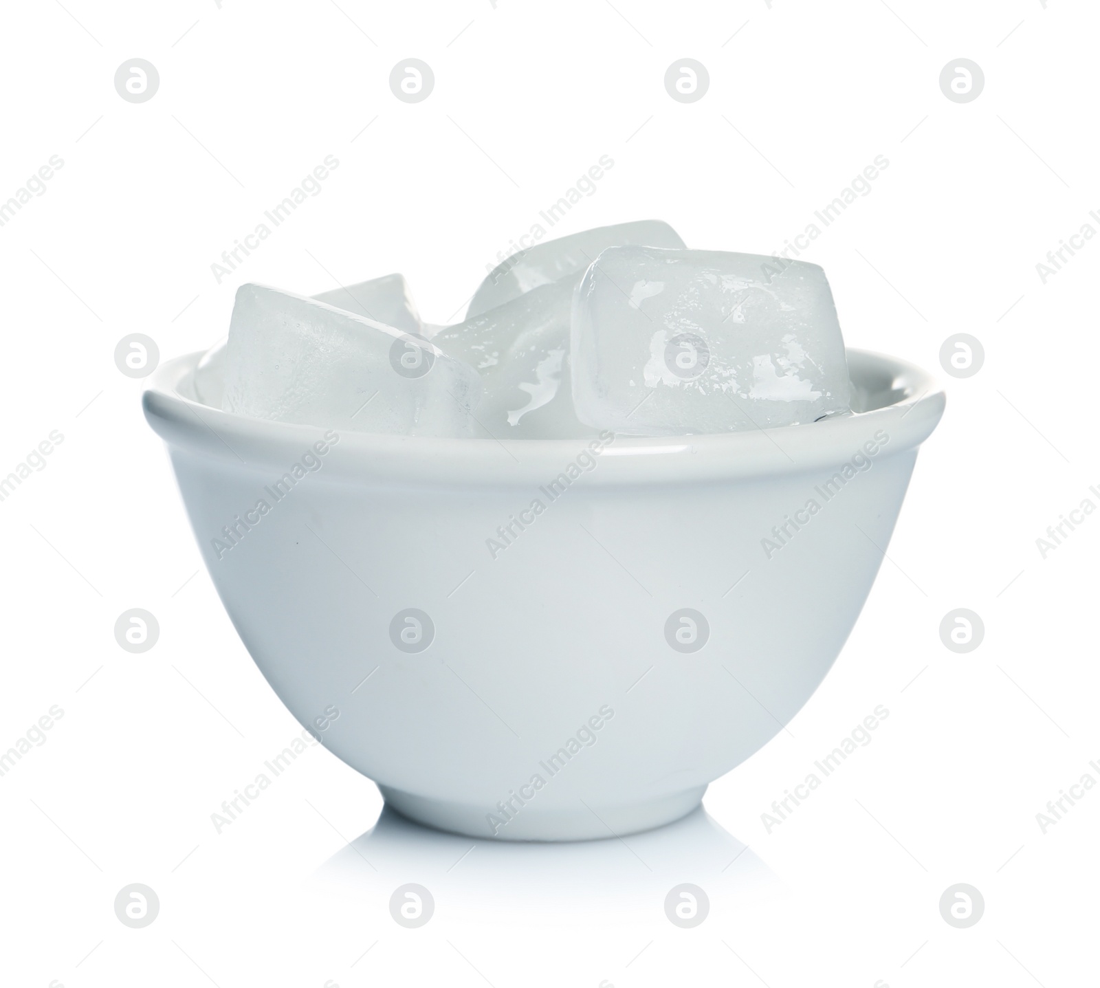 Photo of Bowl with ice cubes on white background