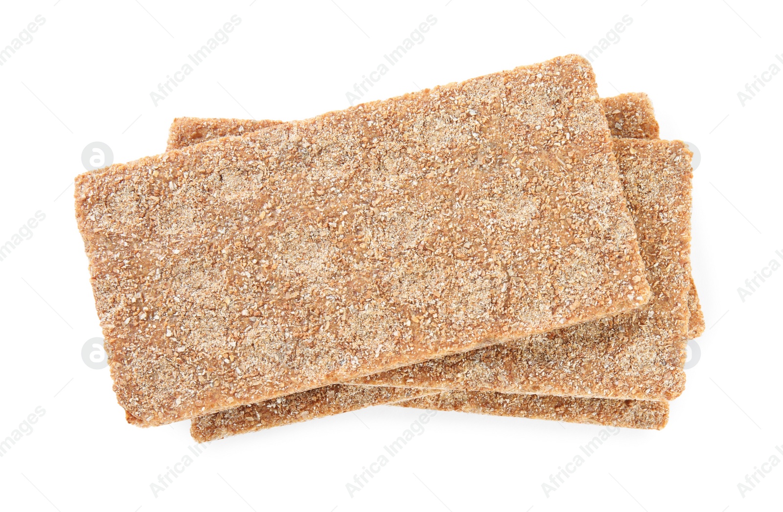 Photo of Fresh crunchy rye crispbreads on white background, top view