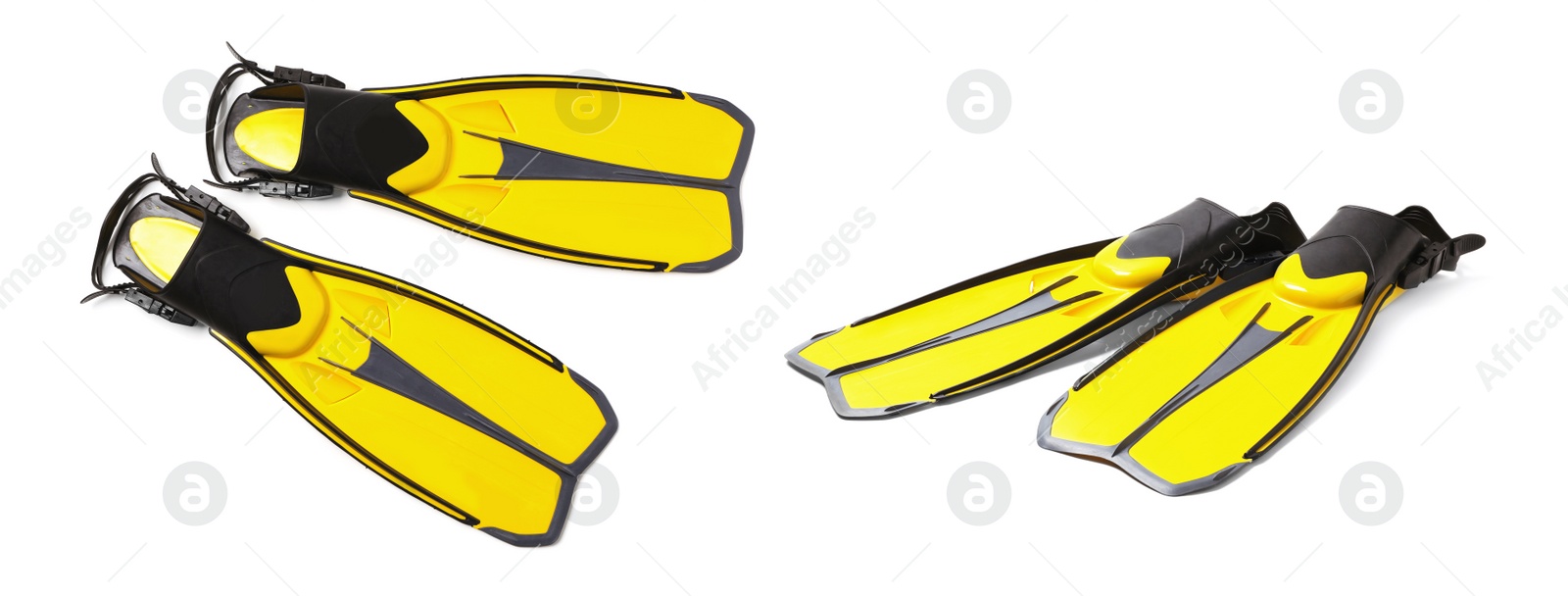 Image of Yellow flippers on white background, collage. Banner design