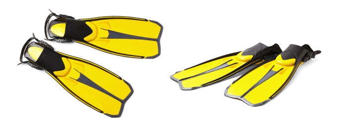 Image of Yellow flippers on white background, collage. Banner design