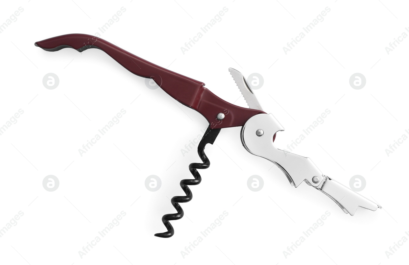 Photo of One corkscrew (sommelier knife) isolated on white, top view