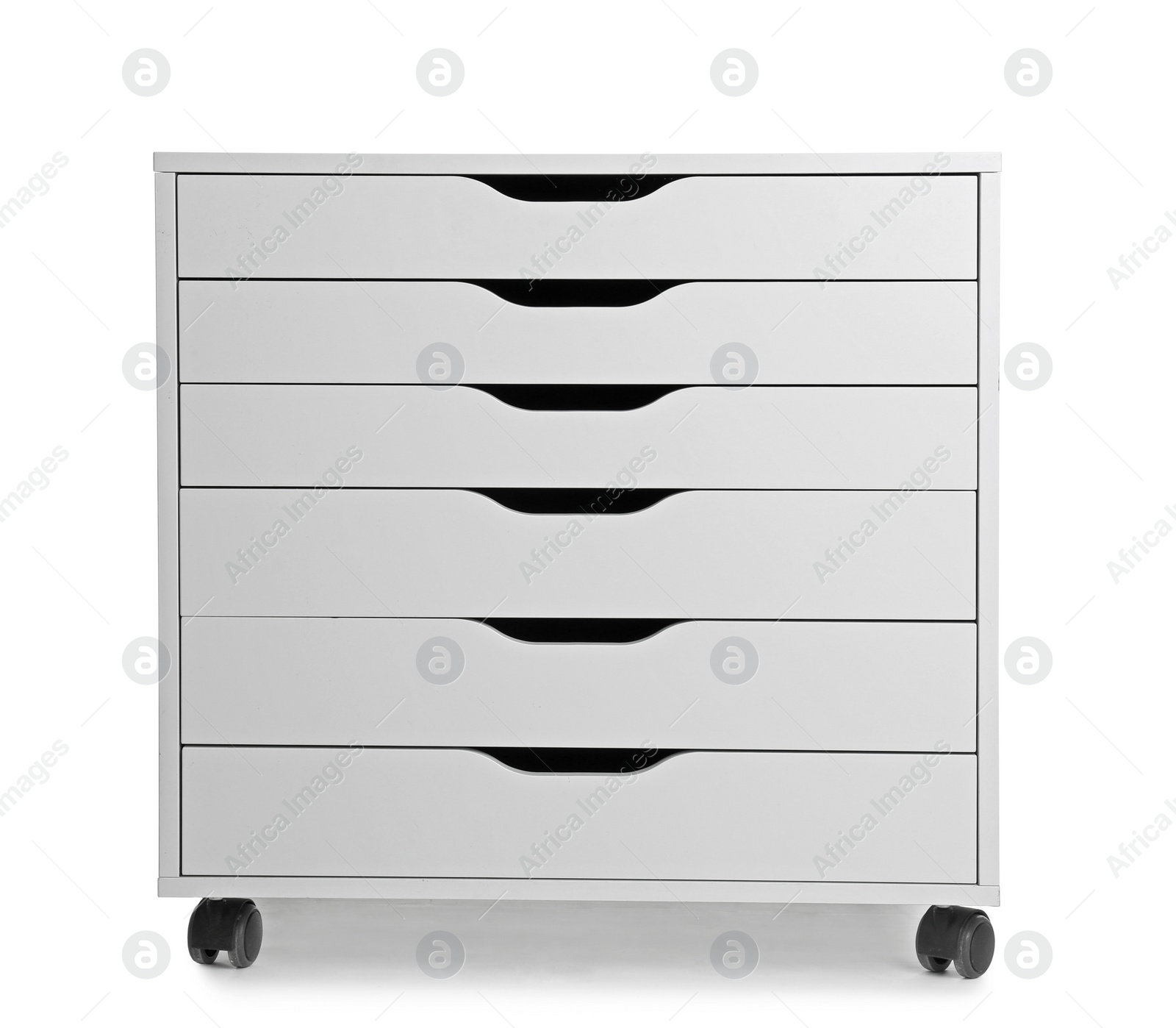 Photo of Stylish chest of drawers on white background. Furniture for wardrobe room