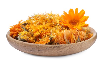 Photo of Wooden plate with dry and fresh calendula flowers on white background