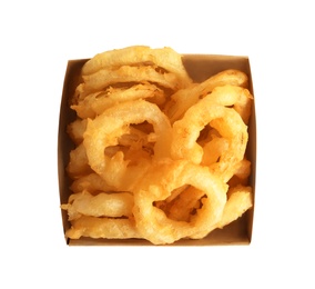 Photo of Delicious golden breaded and deep fried crispy onion rings in cardboard box on white background, top view