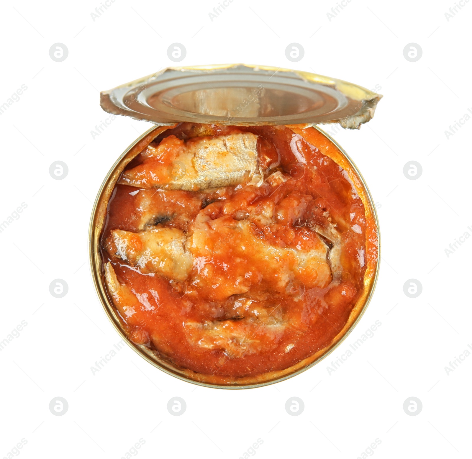 Photo of Open tin can of fish in tomato sauce isolated on white, top view