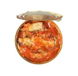 Photo of Open tin can of fish in tomato sauce isolated on white, top view