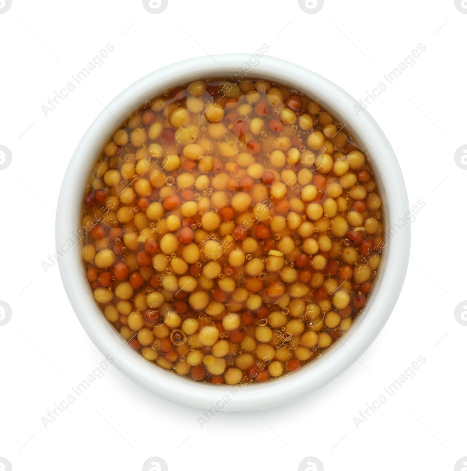 Photo of Fresh whole grain mustard isolated on white, top view