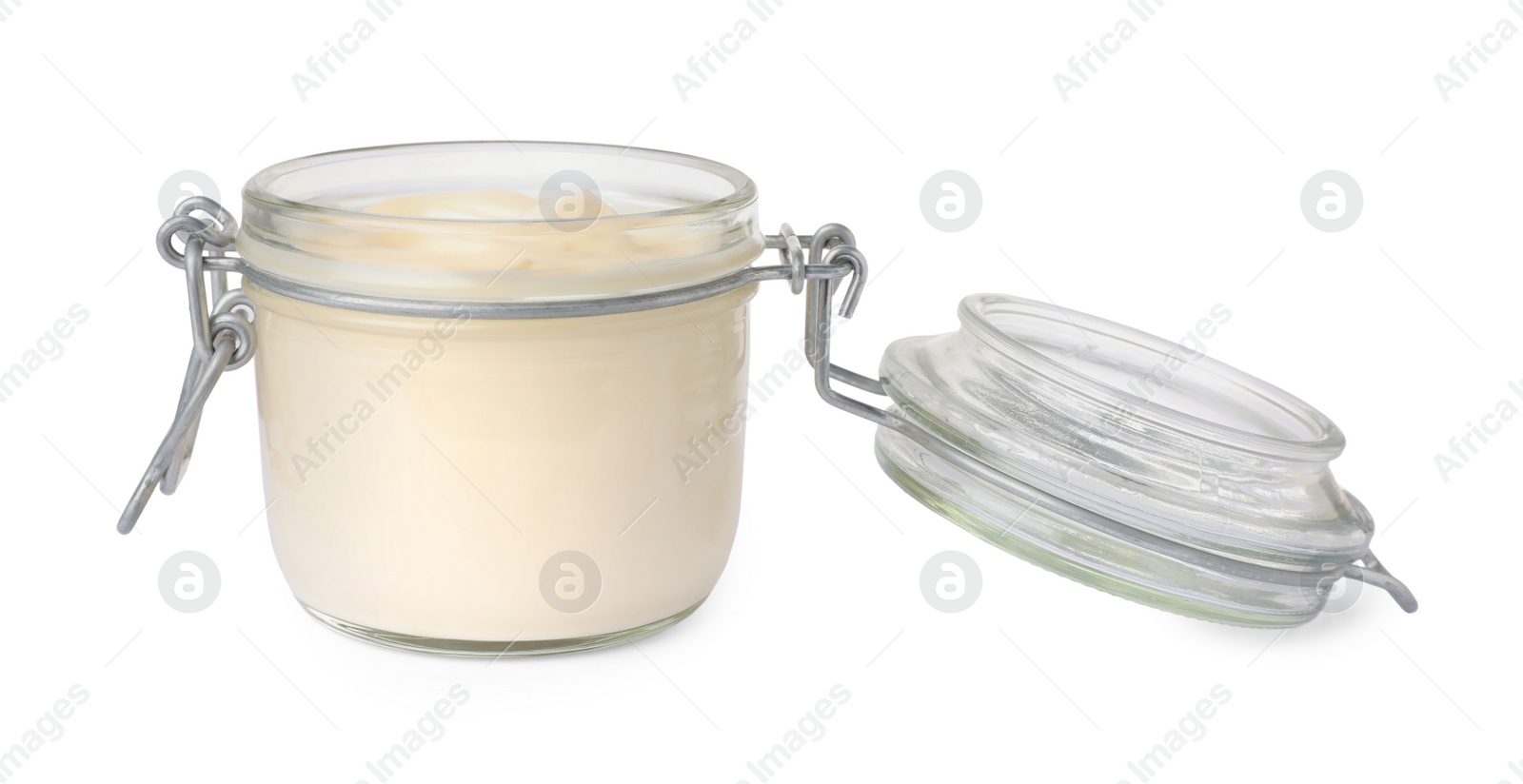 Photo of Tasty mayonnaise in glass jar isolated on white