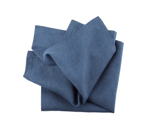 Photo of Blue cloth kitchen napkin isolated on white, top view