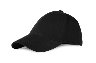 Photo of Stylish black baseball cap isolated on white