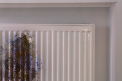 Image of Modern panel radiator affected by rust indoors