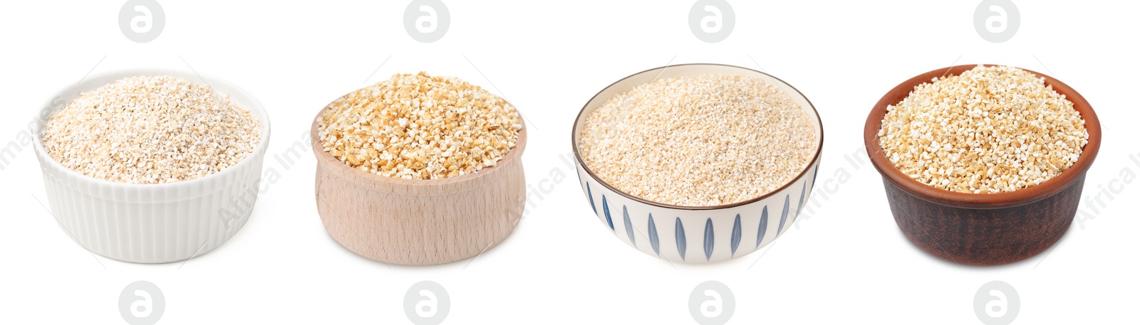 Image of Set of dry barley groats in bowls on white background