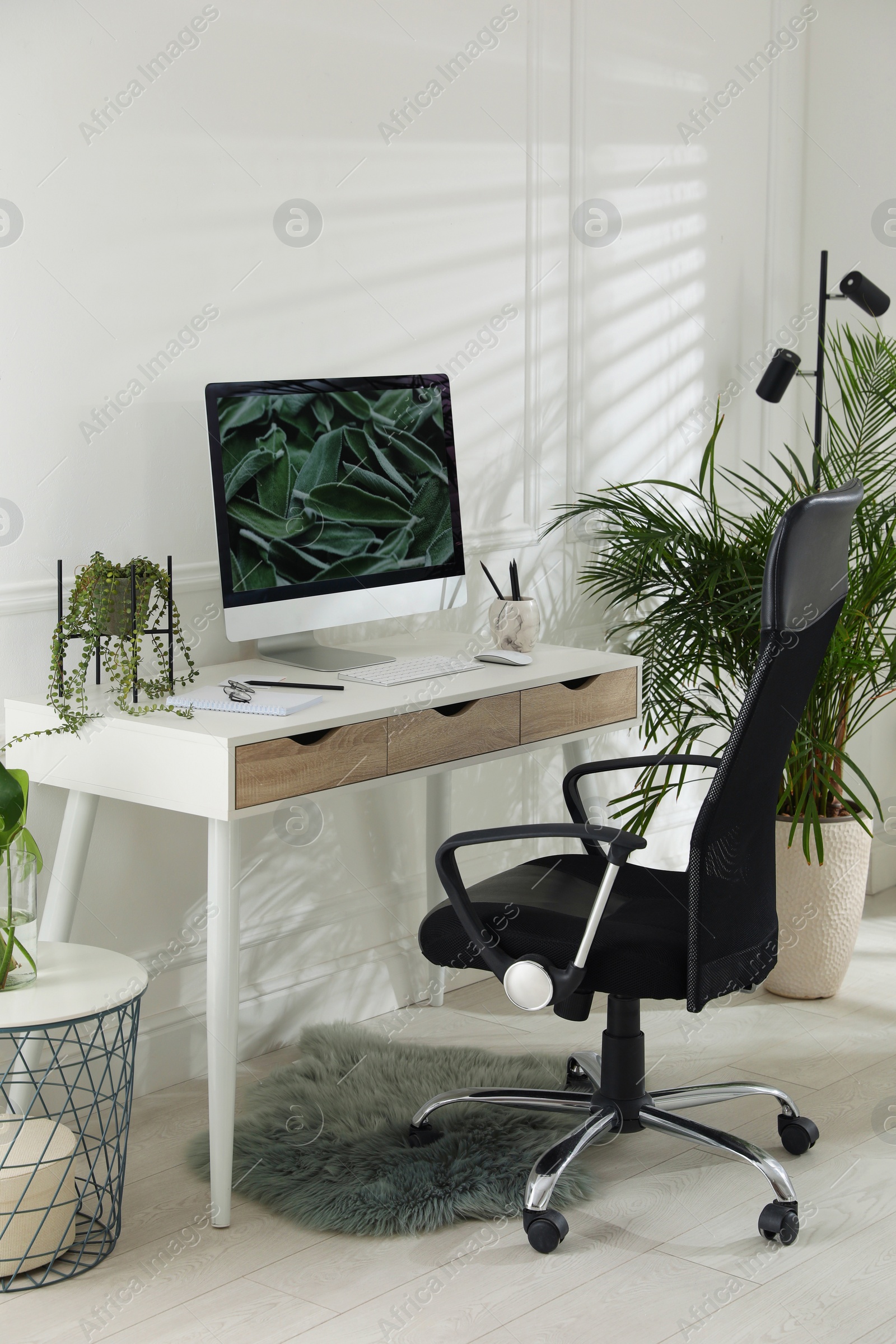 Photo of Comfortable workplace with modern computer and green plants in room. Interior design