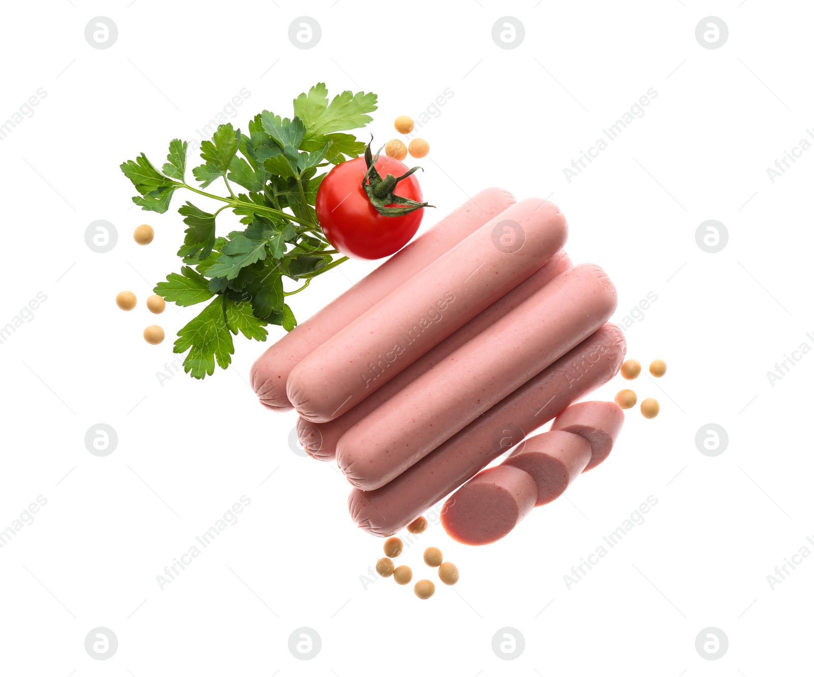 Photo of Fresh raw vegetarian sausages, tomato, parsley and soybeans on white background, top view