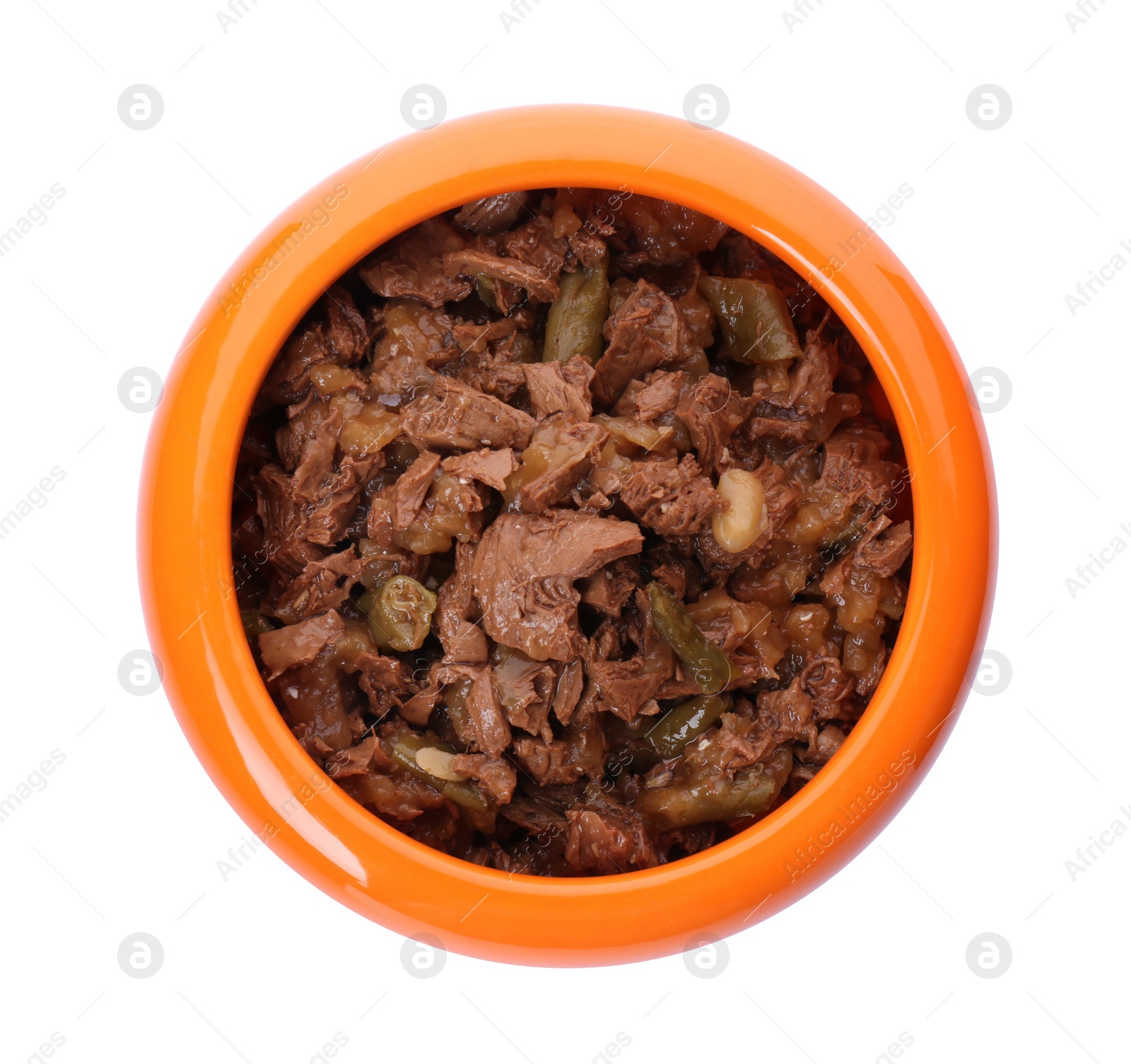 Photo of Wet pet food in orange feeding bowl isolated on white, top view