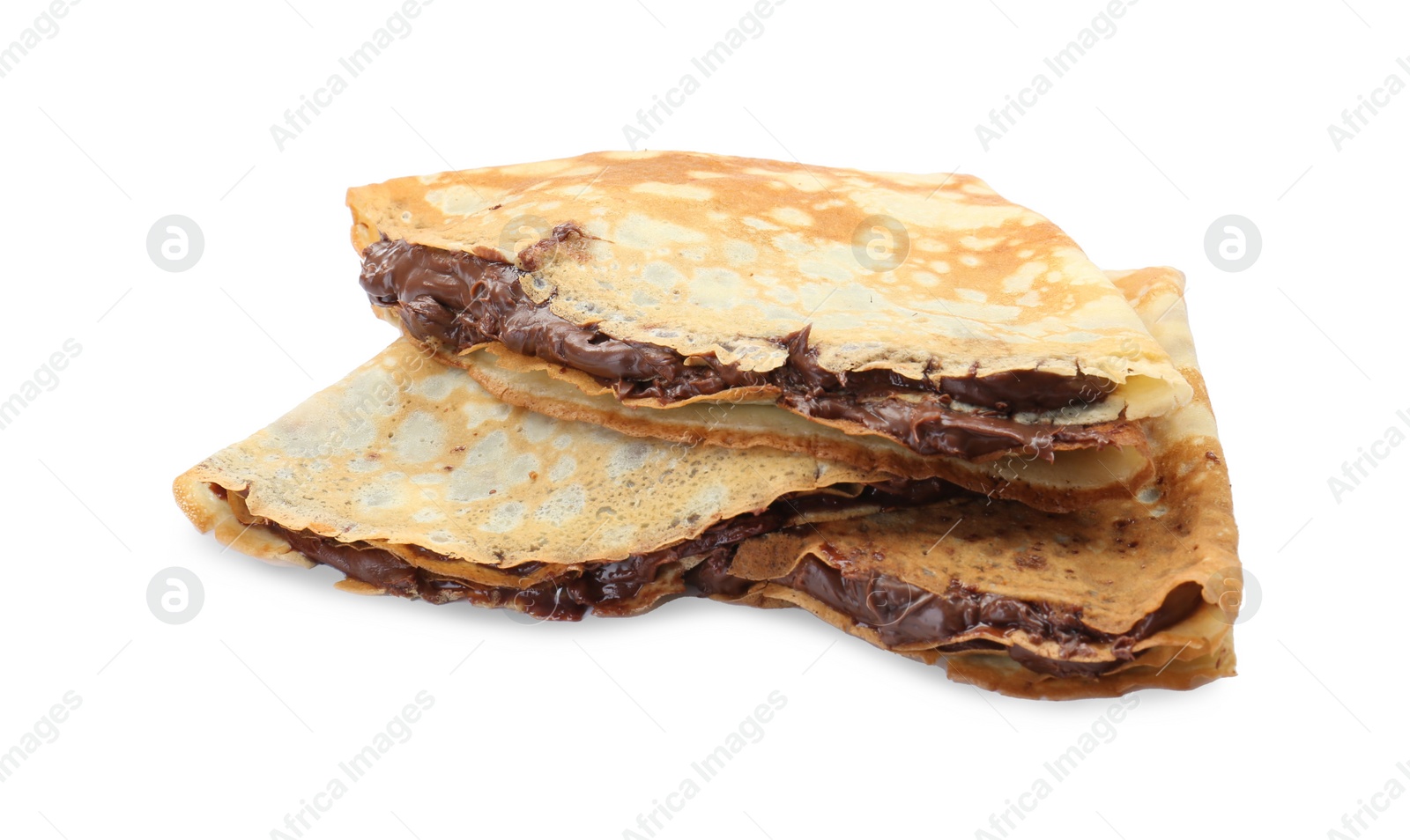 Photo of Tasty crepes with chocolate paste isolated on white