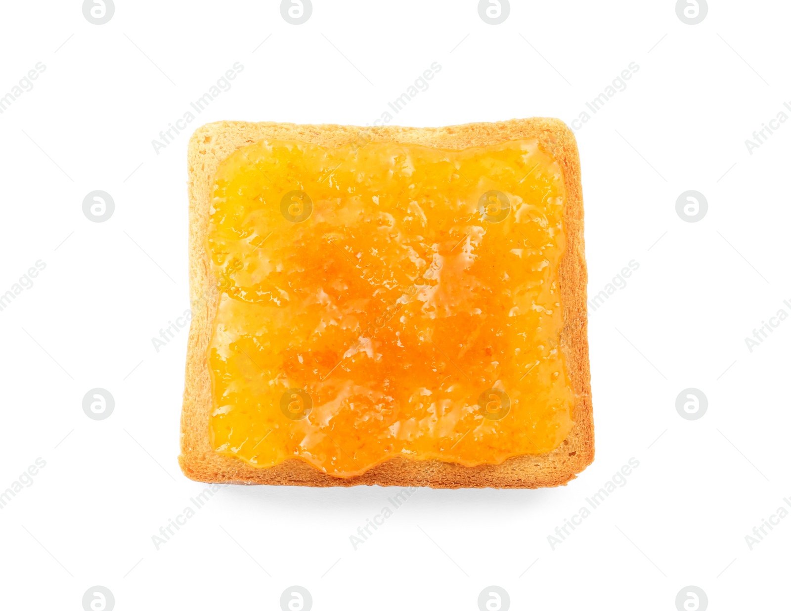 Photo of Toast with tasty orange jam on white background, top view