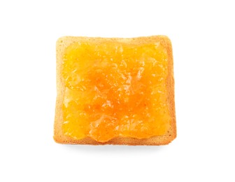 Photo of Toast with tasty orange jam on white background, top view