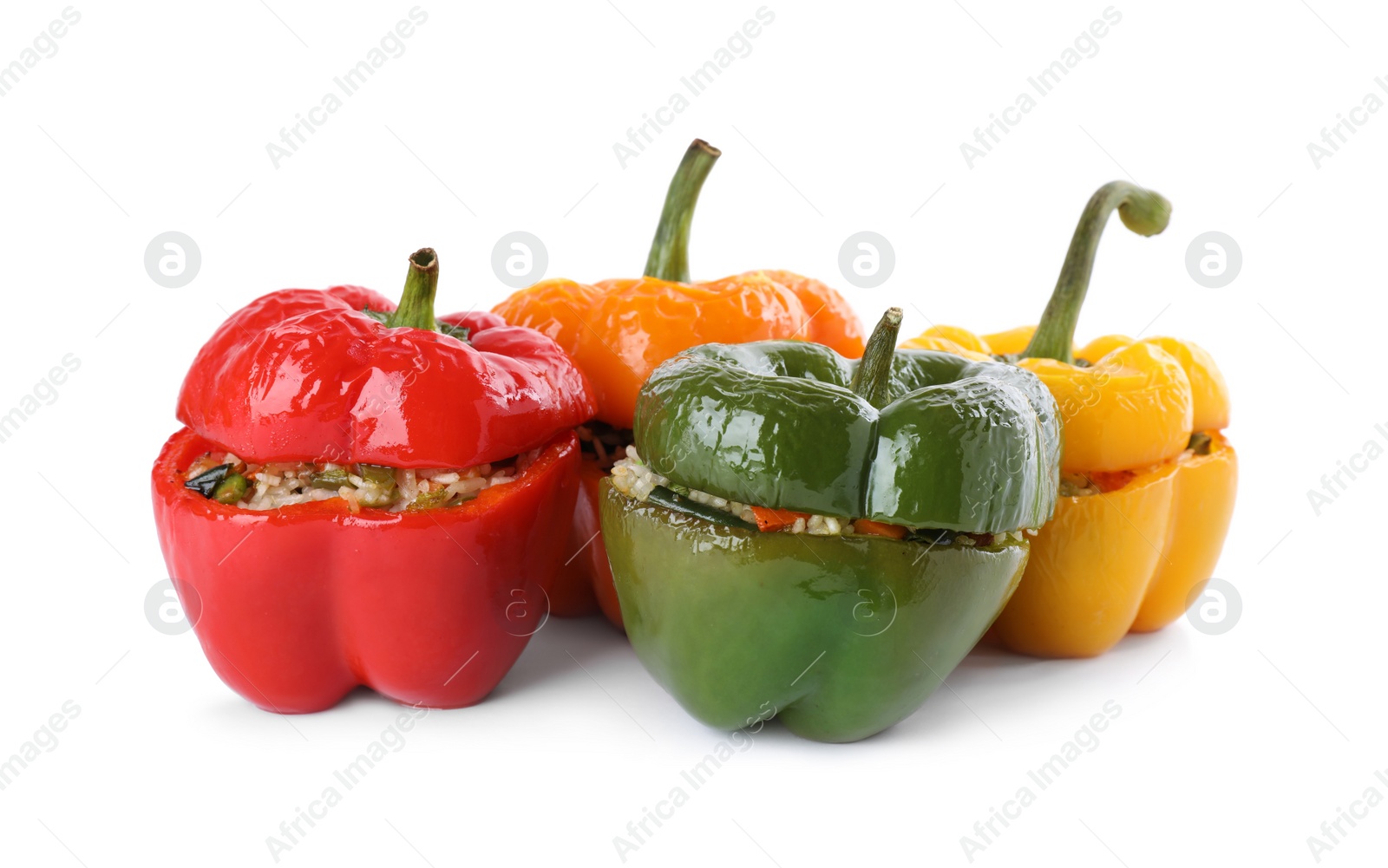 Photo of Tasty stuffed bell peppers isolated on white