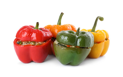 Photo of Tasty stuffed bell peppers isolated on white