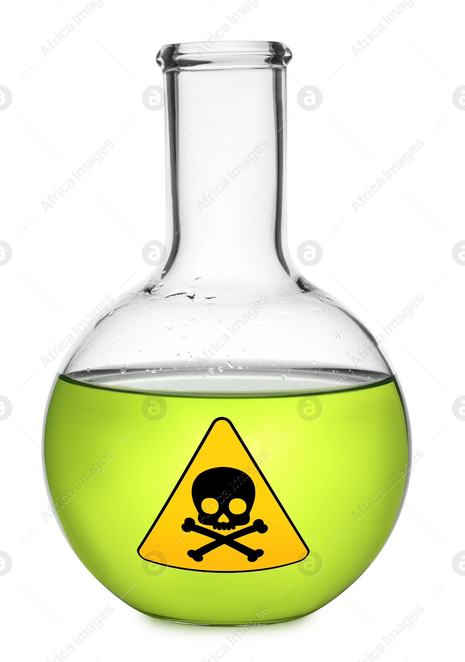 Image of Glass bottle with color toxic sample and warning sign on white background