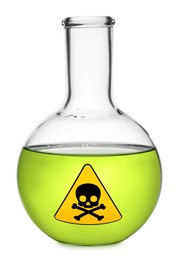 Image of Glass bottle with color toxic sample and warning sign on white background