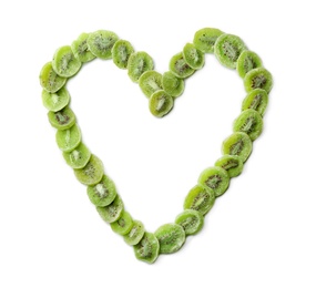 Photo of Heart shaped frame made of kiwi on white background, flat lay. Dried fruit as healthy food
