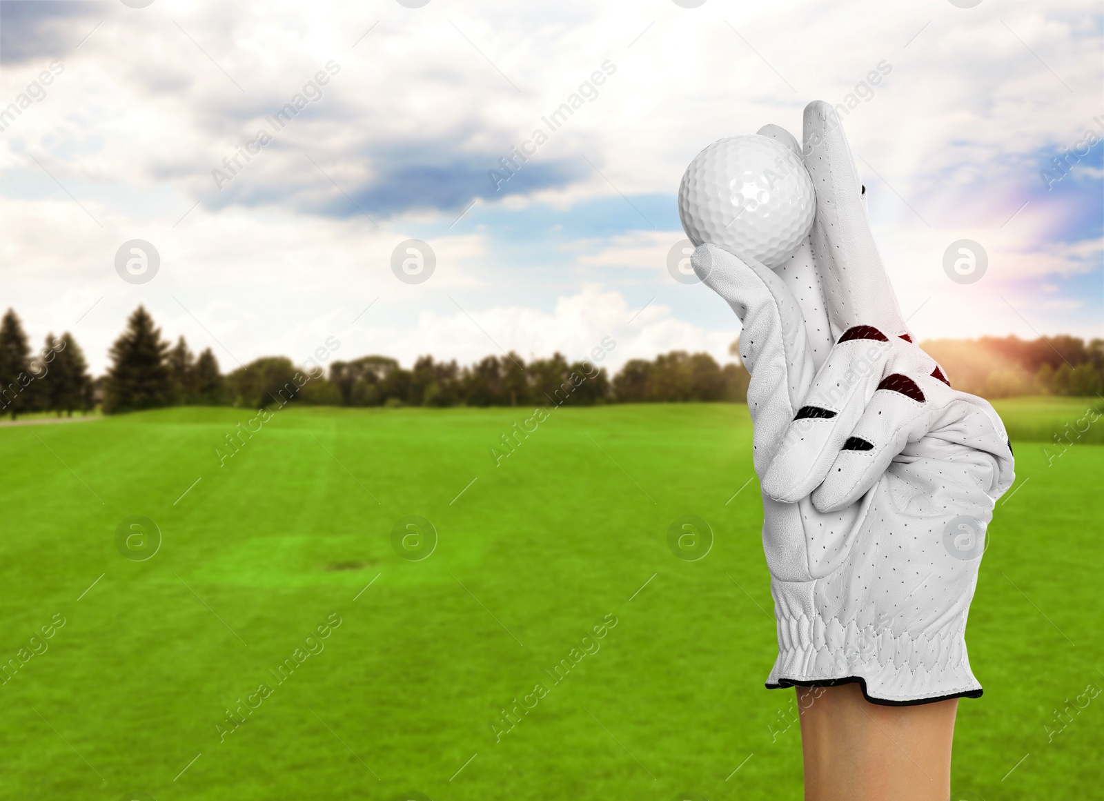 Image of Player holding golf ball in park on sunny day, closeup. Space for design