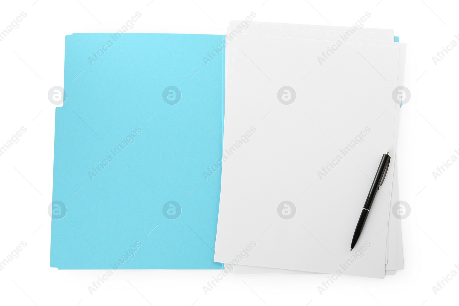 Photo of Turquoise file with blank sheets of paper and black pen isolated on white, top view. Space for design