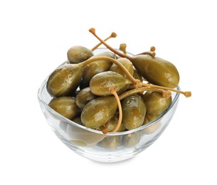 Photo of Capers in glass bowl isolated on white