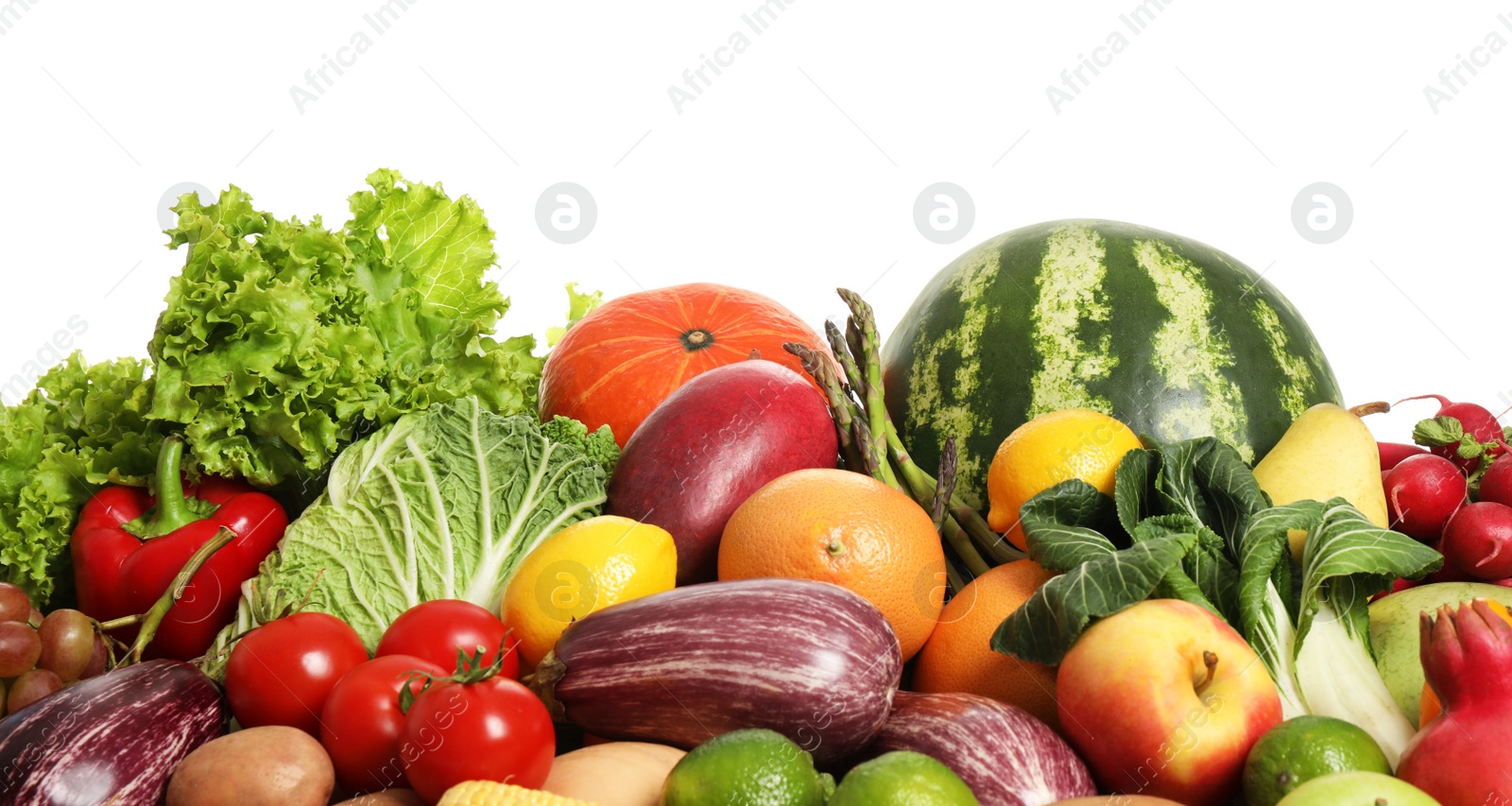 Photo of Assortment of fresh organic fruits and vegetables on white background