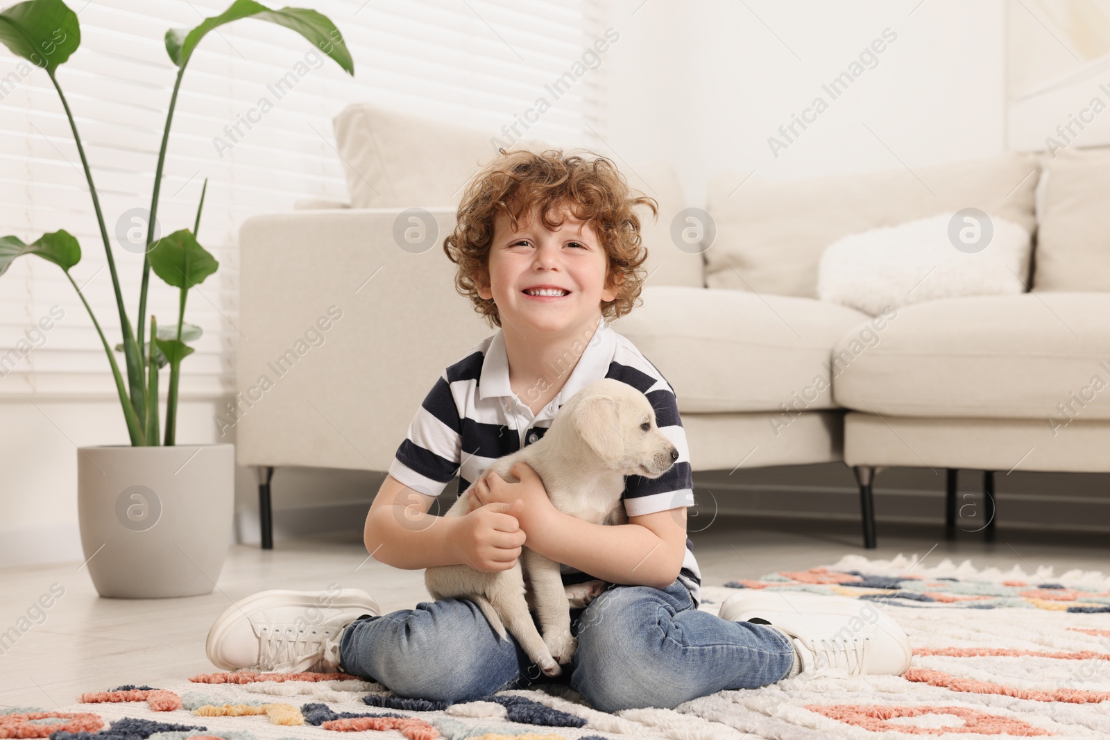 Photo of Little boy with cute puppy on carpet at home