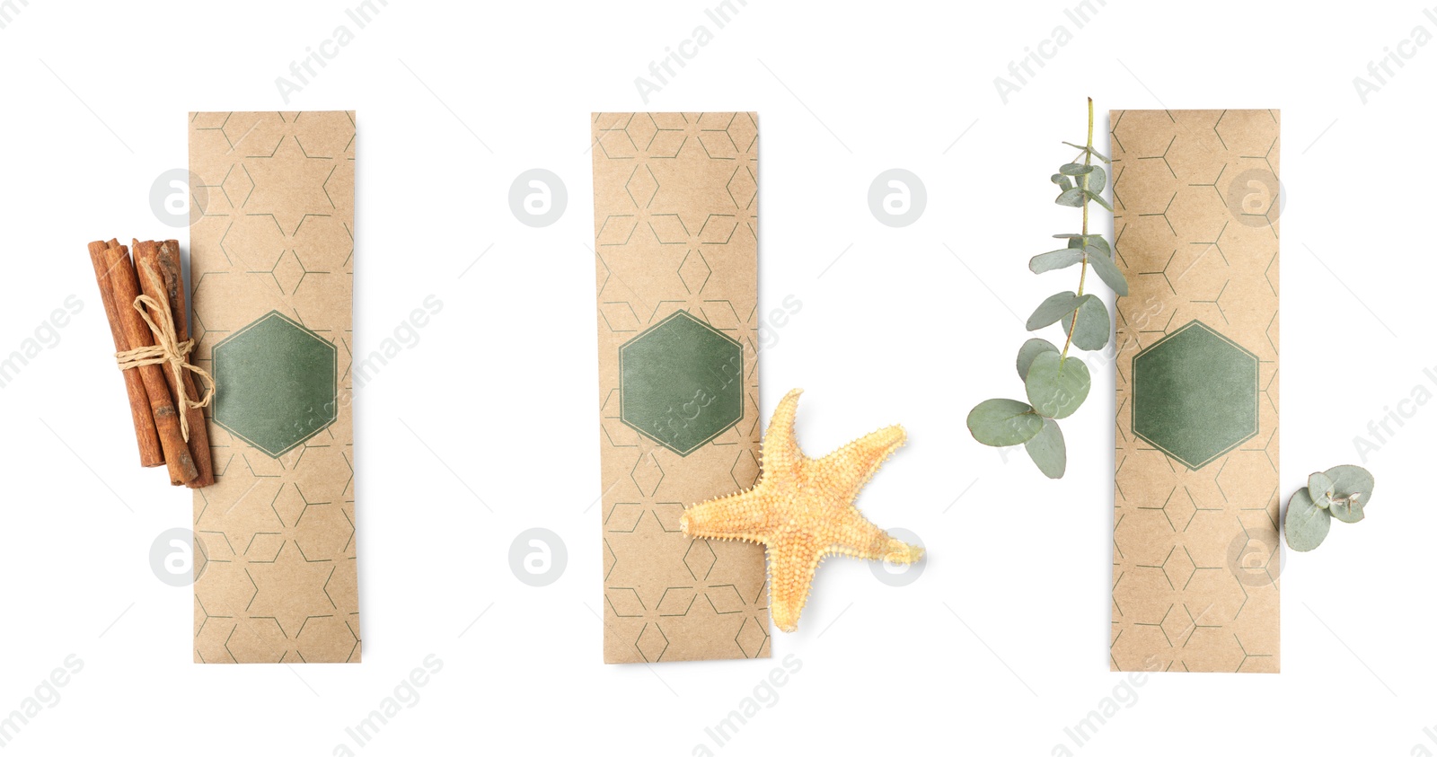 Image of Set of scented sachets with different aromas on white background, top view. Banner design