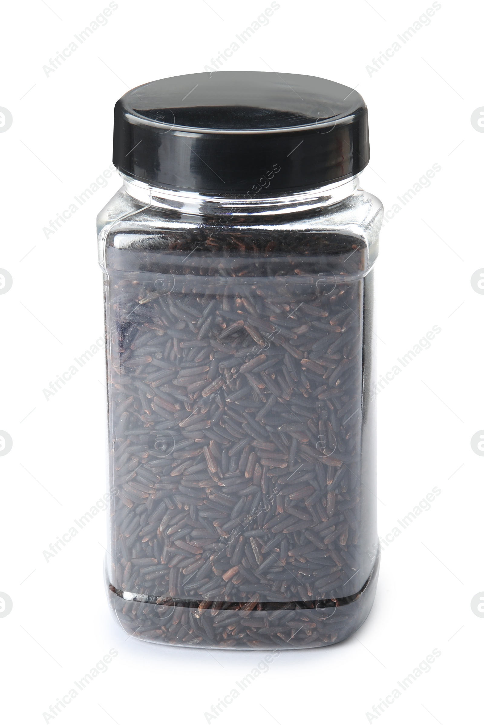 Photo of Jar with uncooked black rice on white background