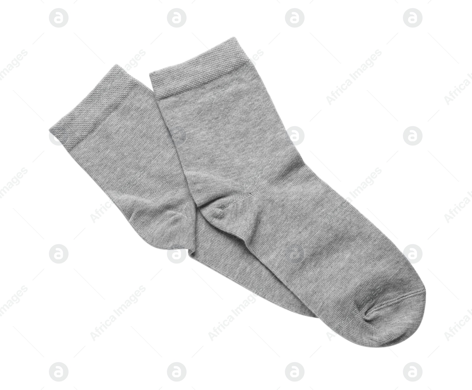 Photo of Pair of grey socks isolated on white, top view