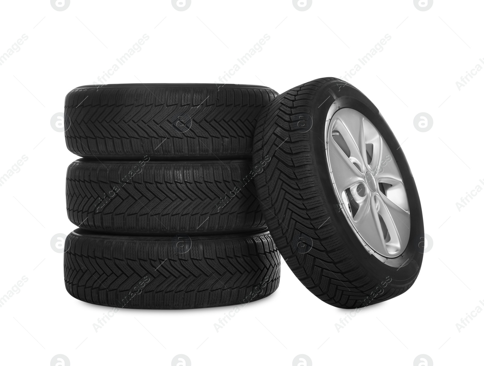 Photo of Set of wheels with winter tires on white background