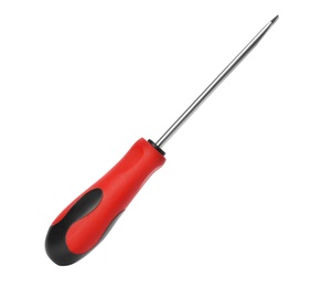 Photo of New screwdriver on white background. Professional construction tool