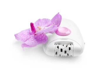 Modern epilator and orchid flower on white background