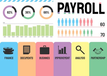 Payroll concept. Illustration of business icons and graphs