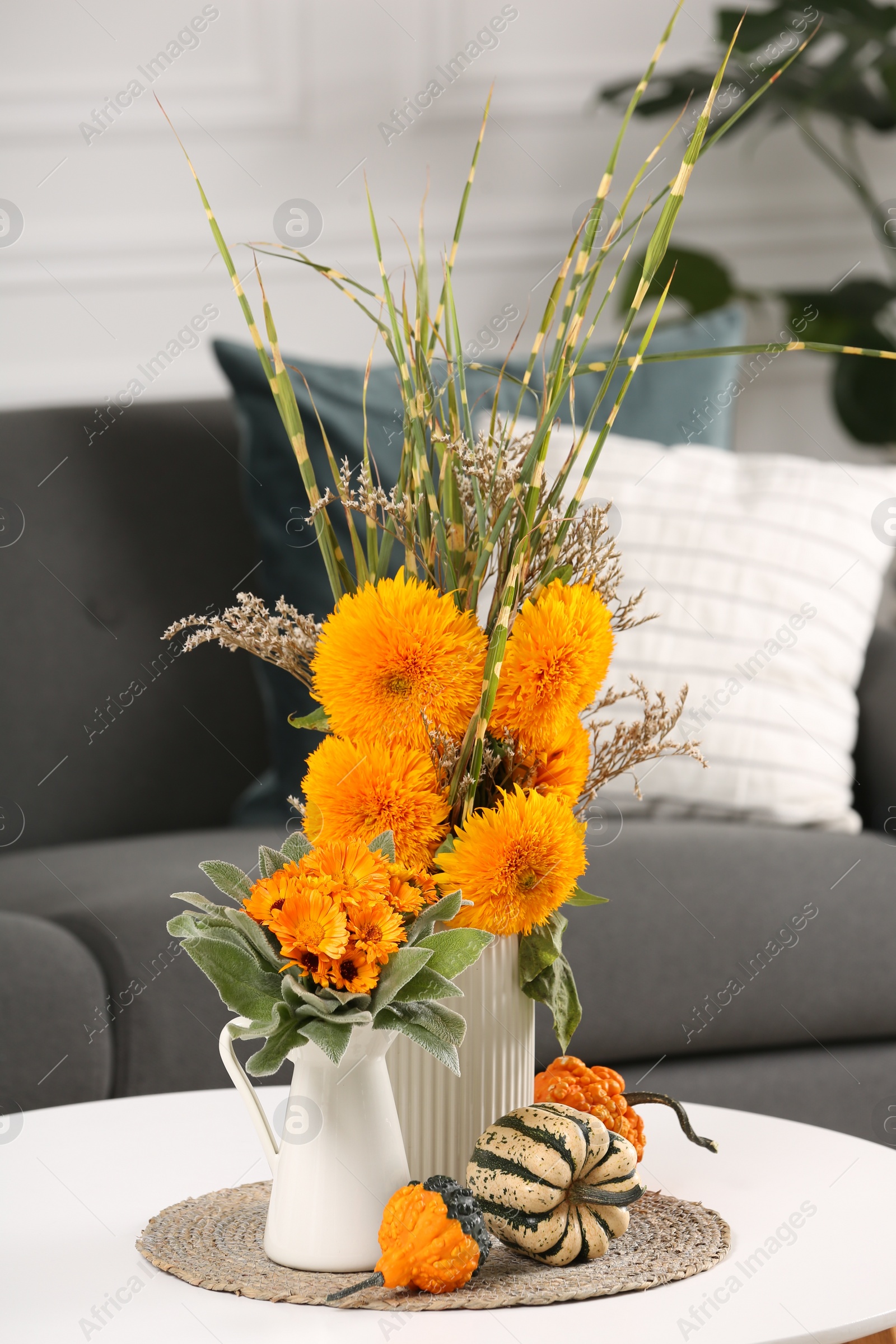 Photo of Beautiful bouquets with bright orange flowers and pumpkins on coffee table indoors. Autumn vibes