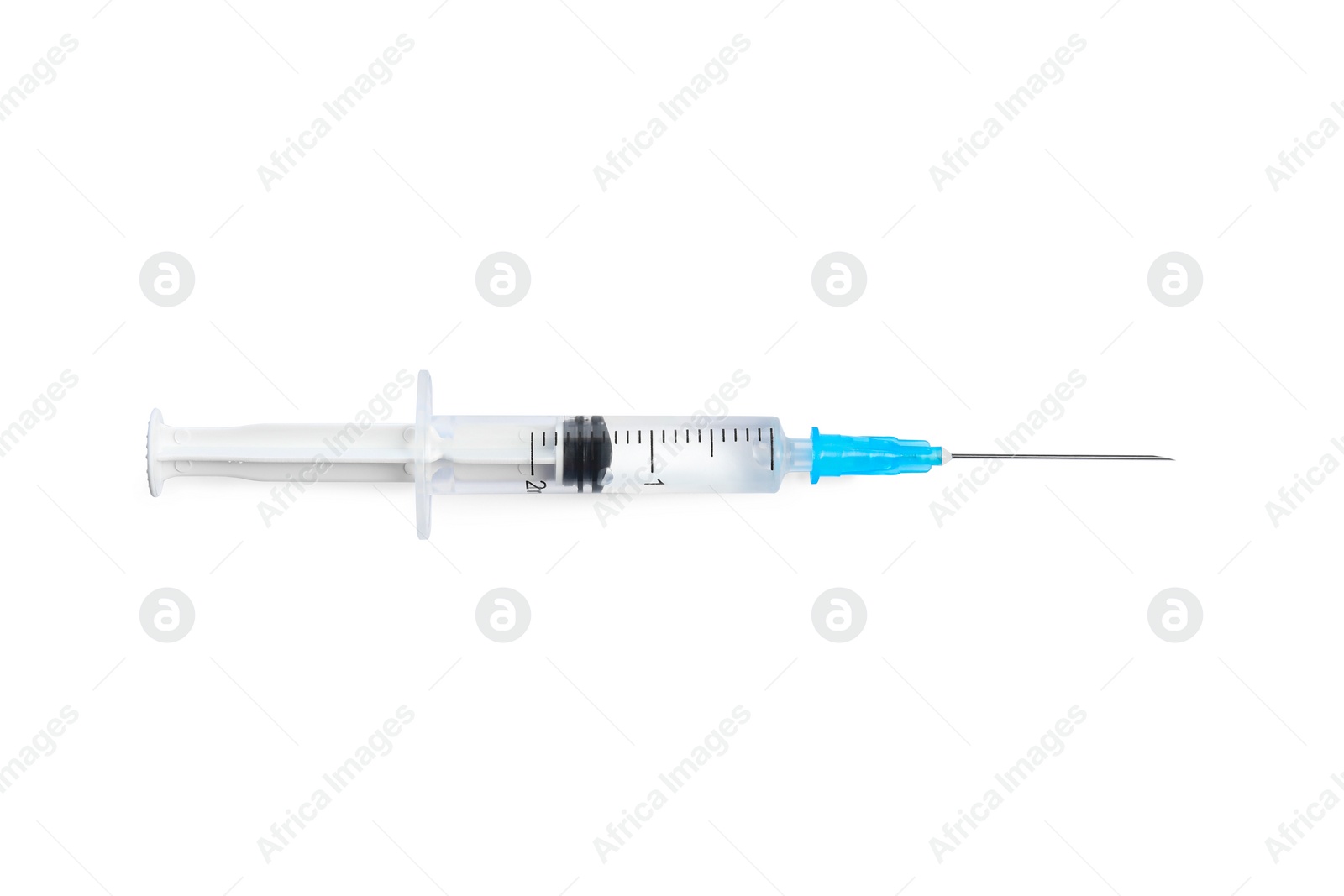 Photo of Syringe with medication isolated on white, top view. Vaccination and immunization