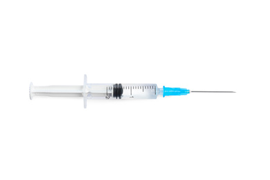 Photo of Syringe with medication isolated on white, top view. Vaccination and immunization