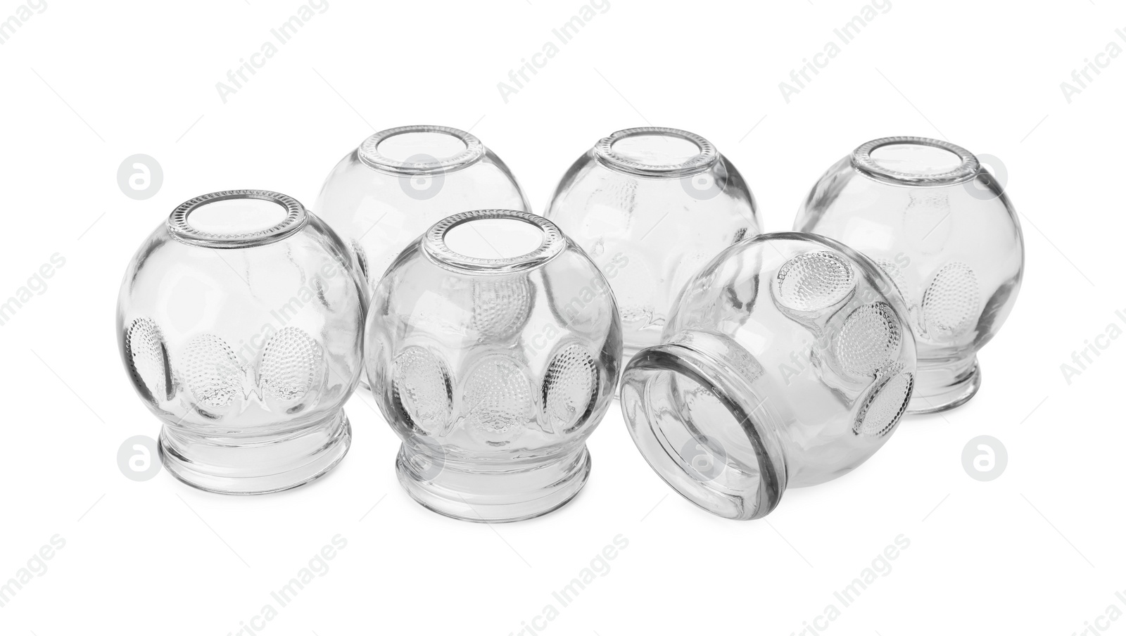 Photo of Many glass cups isolated on white. Cupping therapy