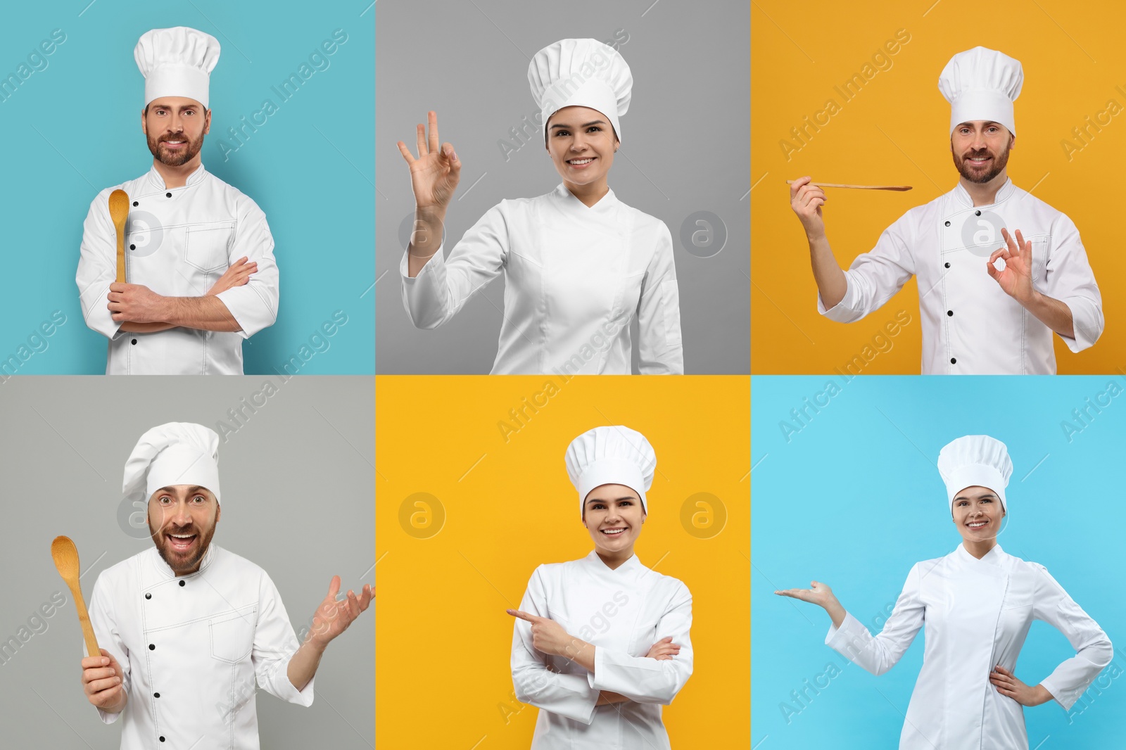 Image of Chefs in uniforms on different color backgrounds, collage design