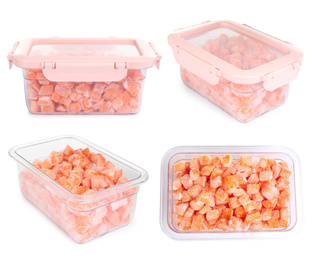 Image of Set of frozen carrots in containers on white background. Vegetable preservation