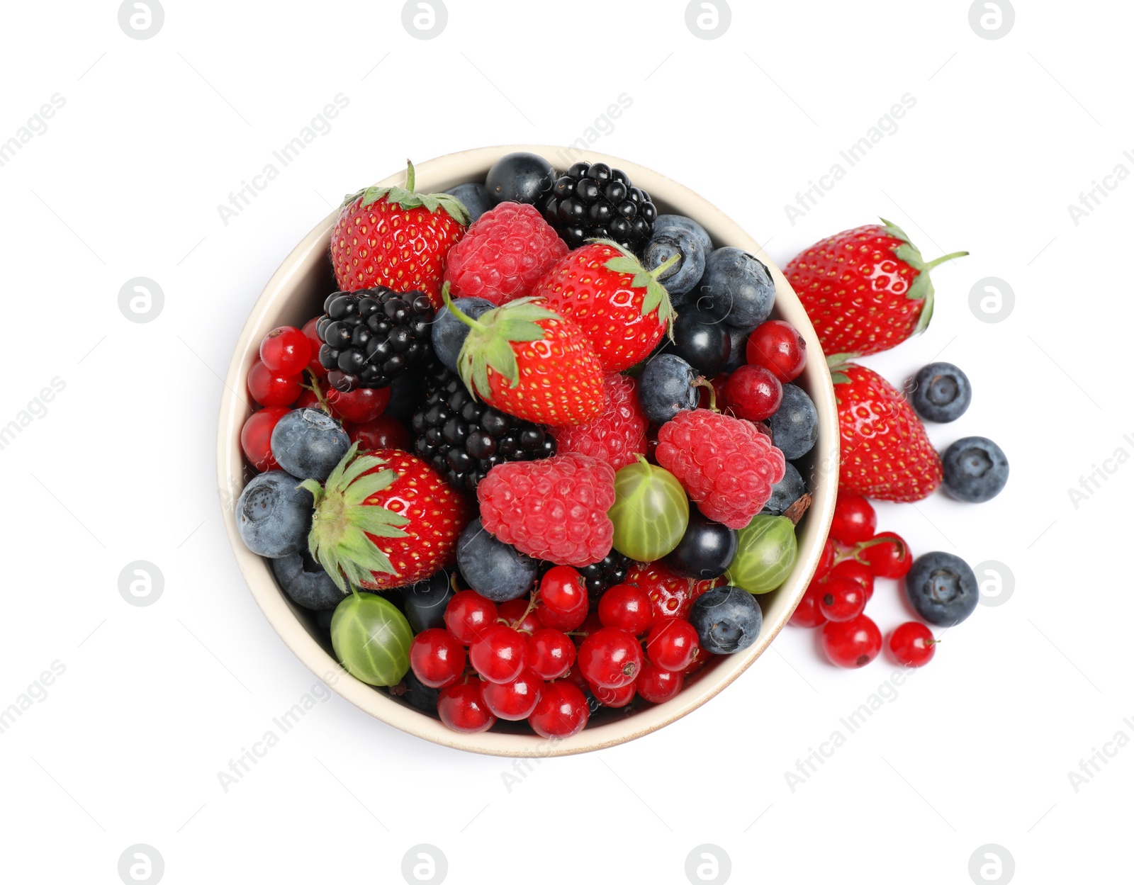 Photo of Mix of different fresh berries in bowl on white background, top view