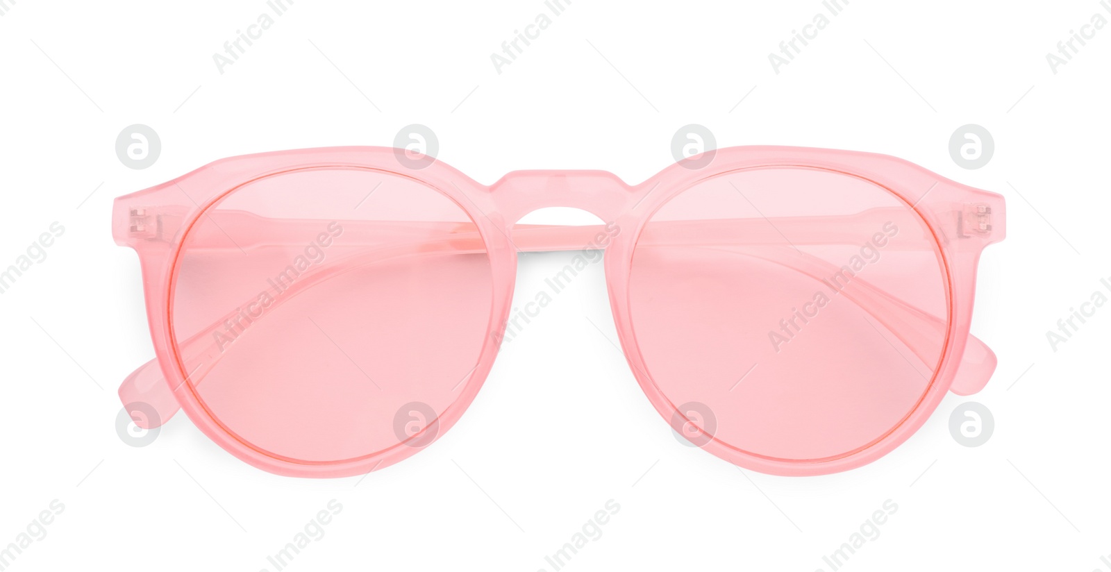 Photo of Stylish sunglasses on white background, top view. Beach object