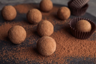 Photo of Chocolate truffles powdered with cocoa on slate plate, closeup